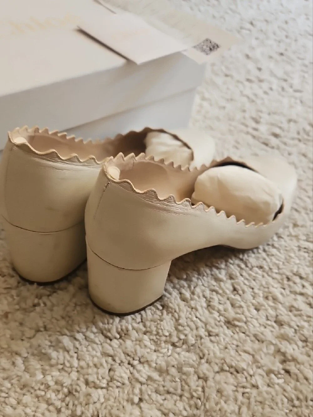 Scalloped Leather Block Heel Pumps in Cream Chloe 41